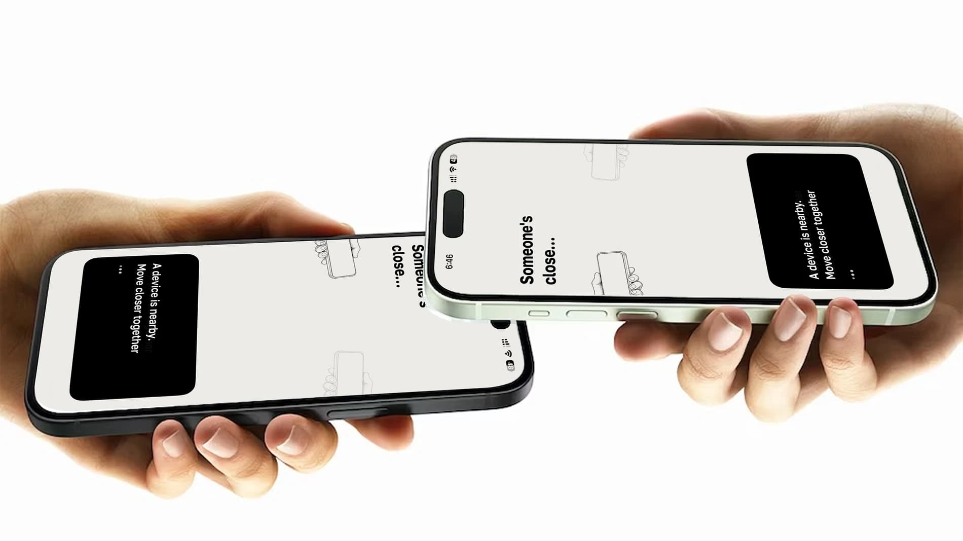 Two hands bring iPhones together. Both screens show Loqi finding someone close.
